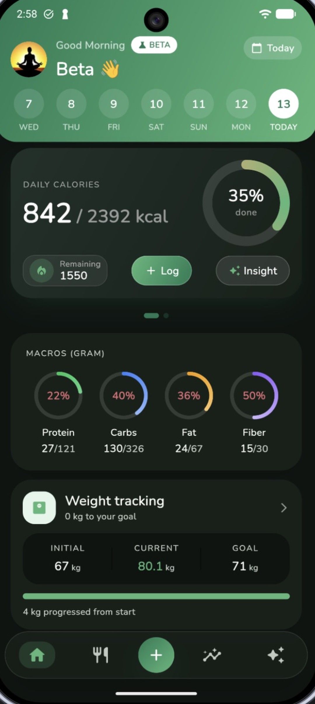 Zaalios home screen in dark mode: today's calories against the goal, protein, carbs, fat and fiber rings, and weight tracking