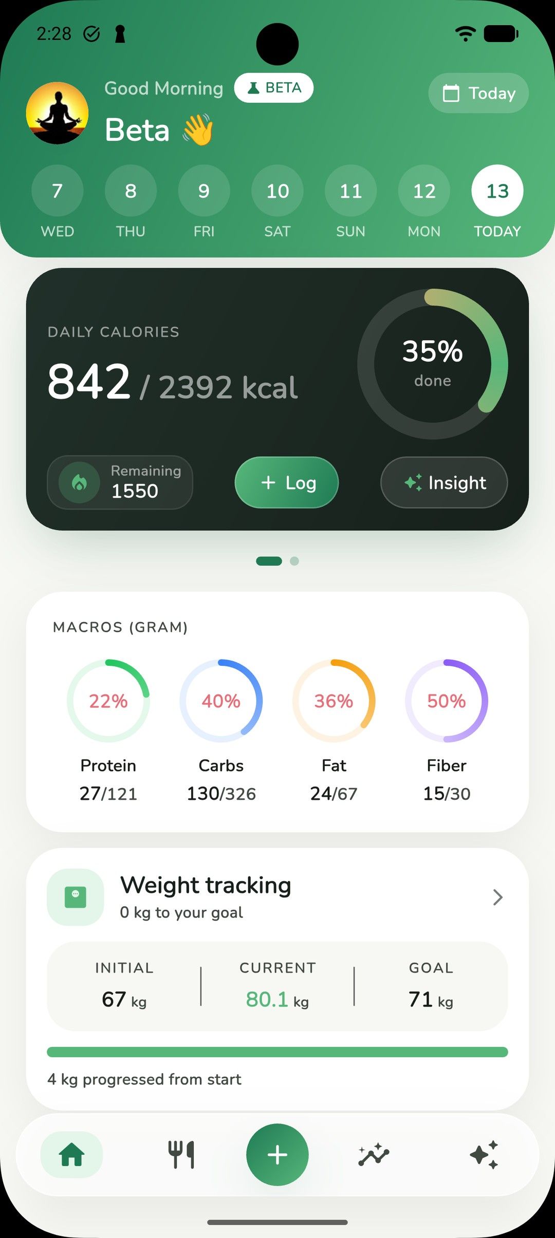 Zaalios home screen in the beta: today's calories against the goal, protein, carbs, fat and fiber rings, and weight tracking