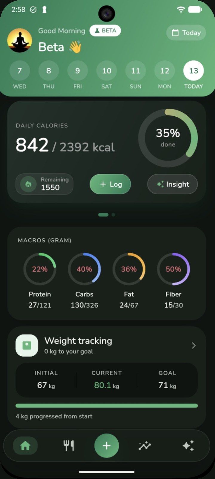 Home dashboard in the beta with the daily calorie ring, macro rings, and weight journey
