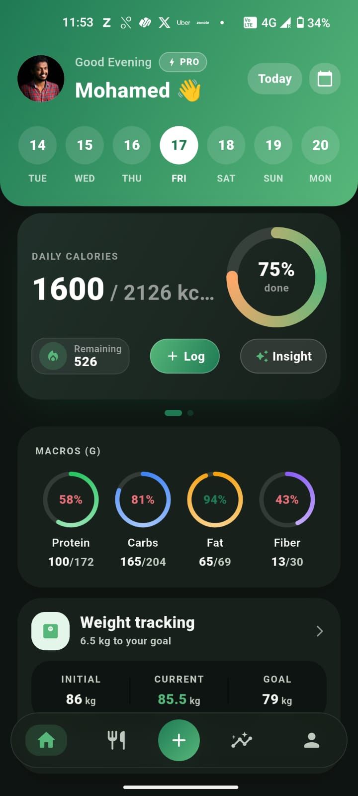 Zaalios daily dashboard showing calories, macros, and weight trend