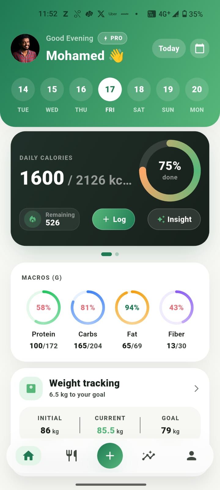 Zaalios daily dashboard showing calories, macros, and weight trend
