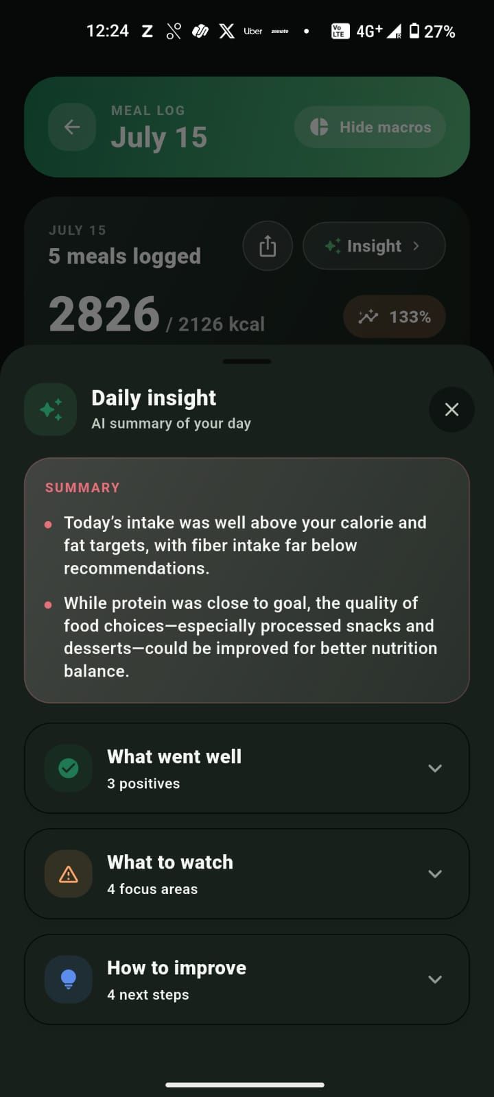 Daily insight summary of calories and macros