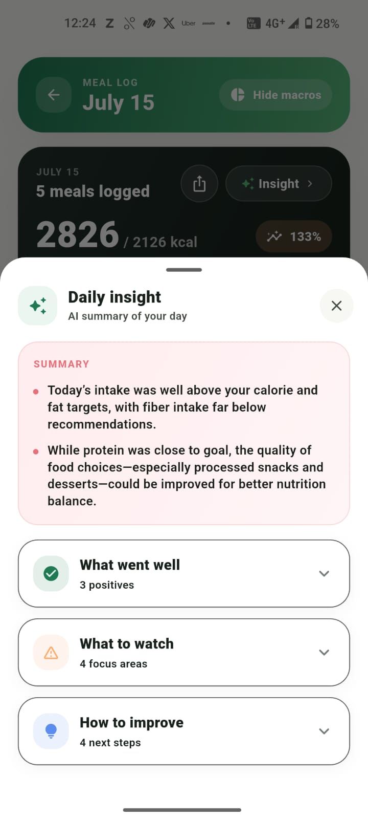 Daily insight summary of calories and macros