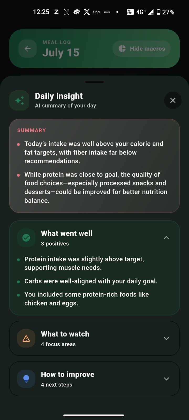 Daily insight listing what went well