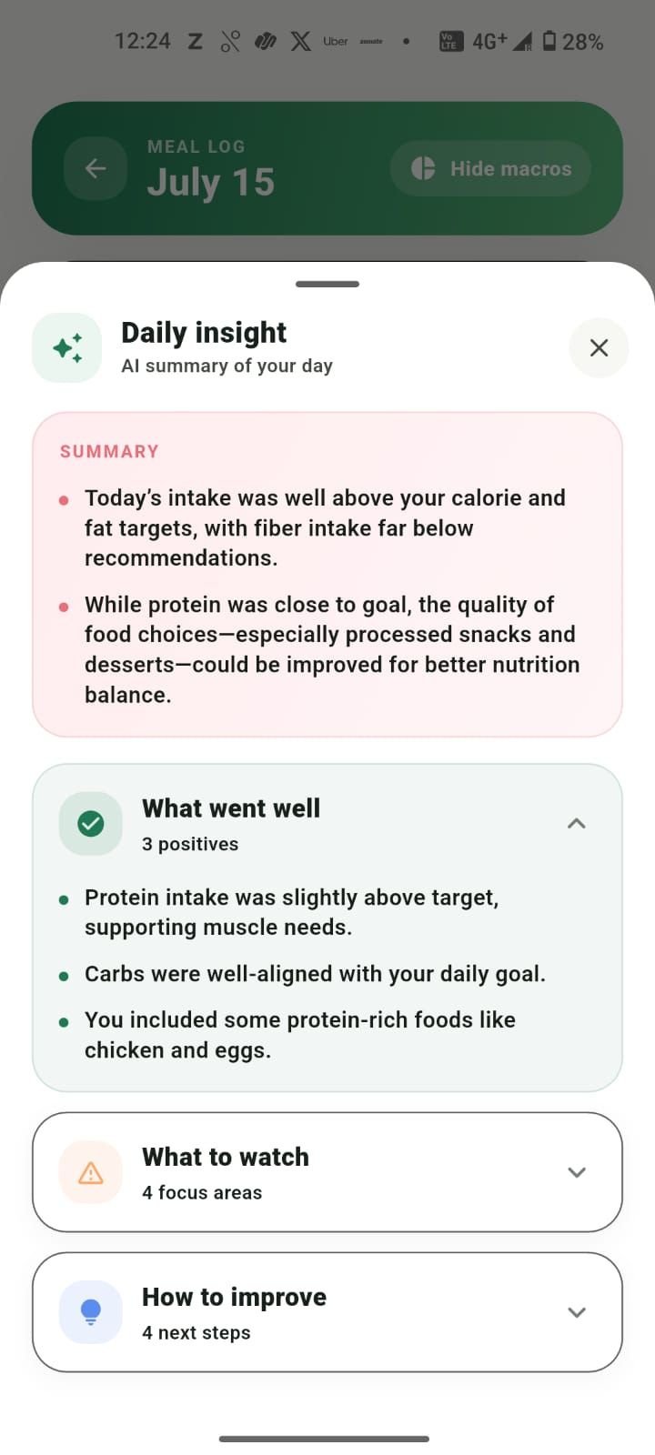 Daily insight listing what went well