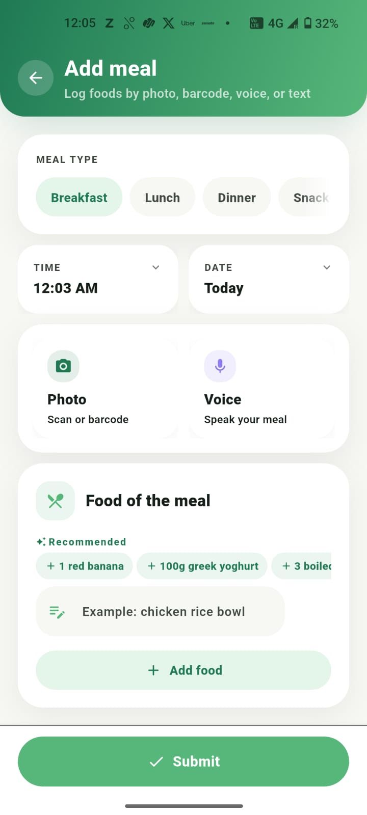 Adding a meal by describing it in plain language