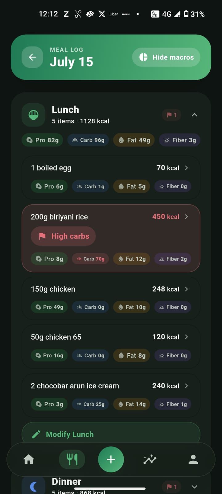 A meal expanded to show each food item's calories and macros