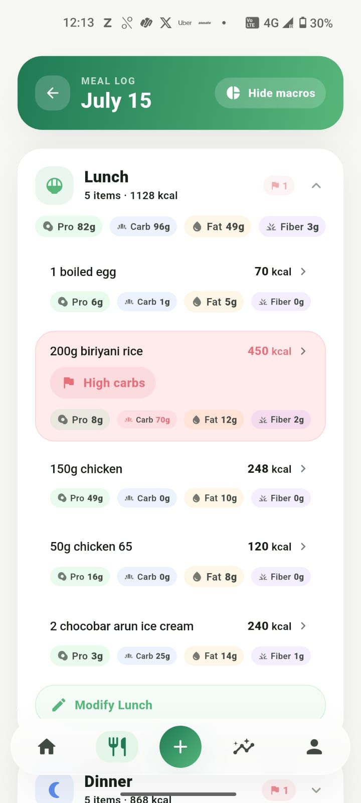 A meal expanded to show each food item's calories and macros