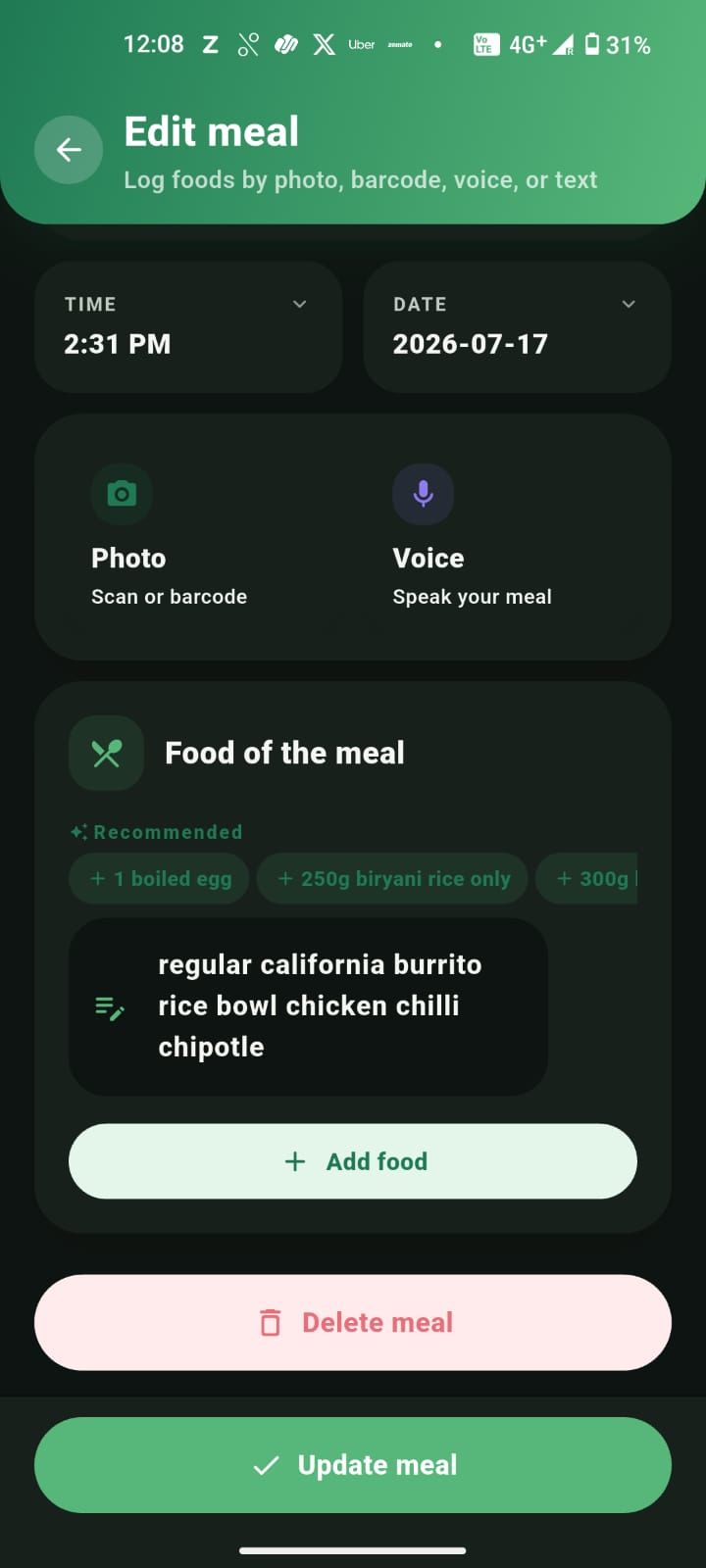 Editing the details of a logged meal