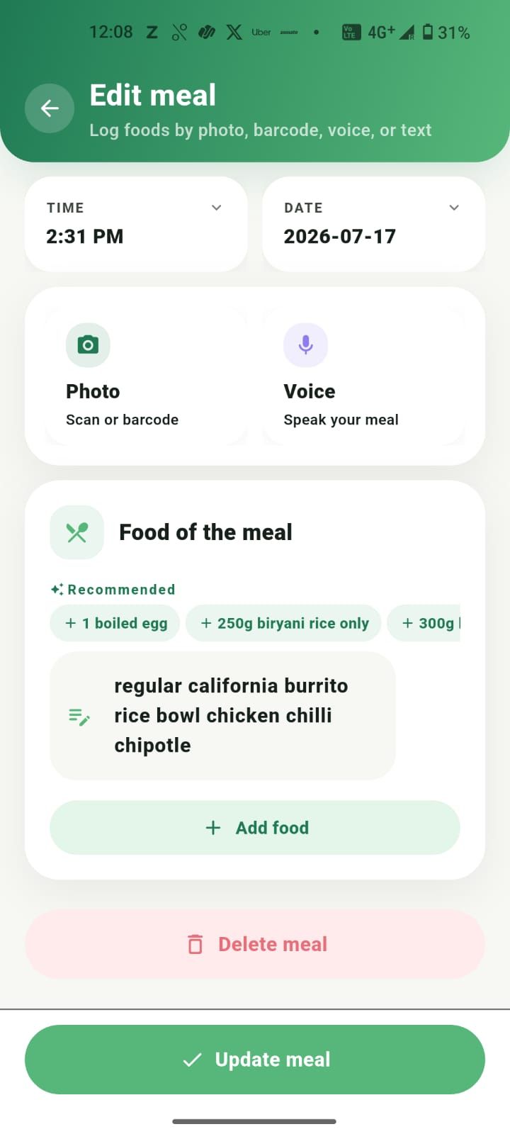 Editing the details of a logged meal