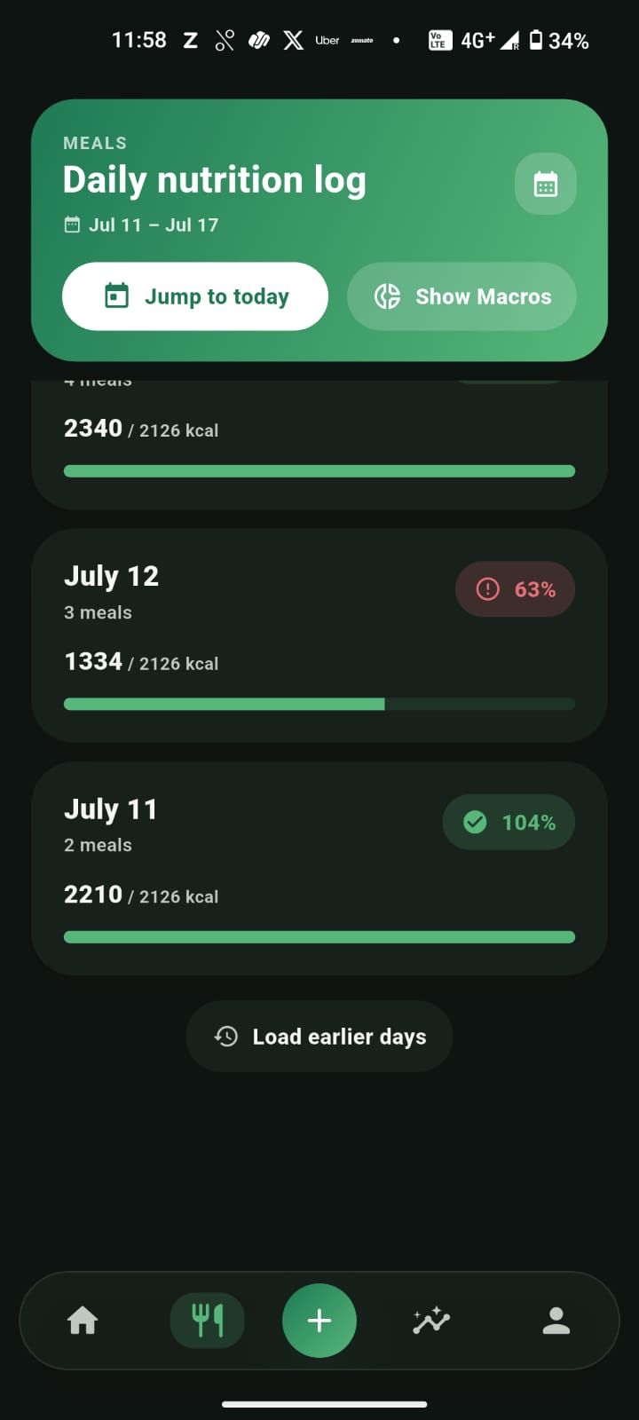 Daily nutrition log scrolled to earlier days