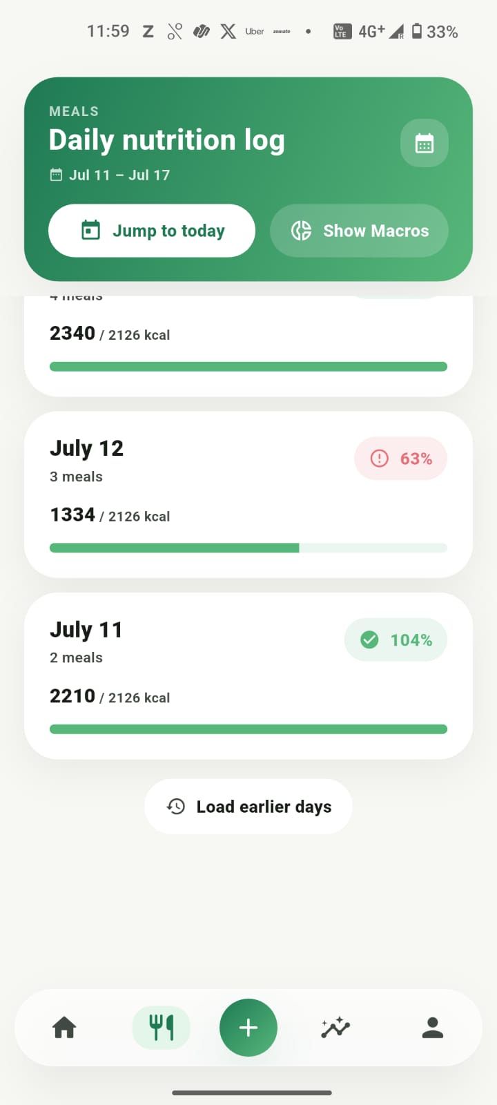 Daily nutrition log scrolled to earlier days