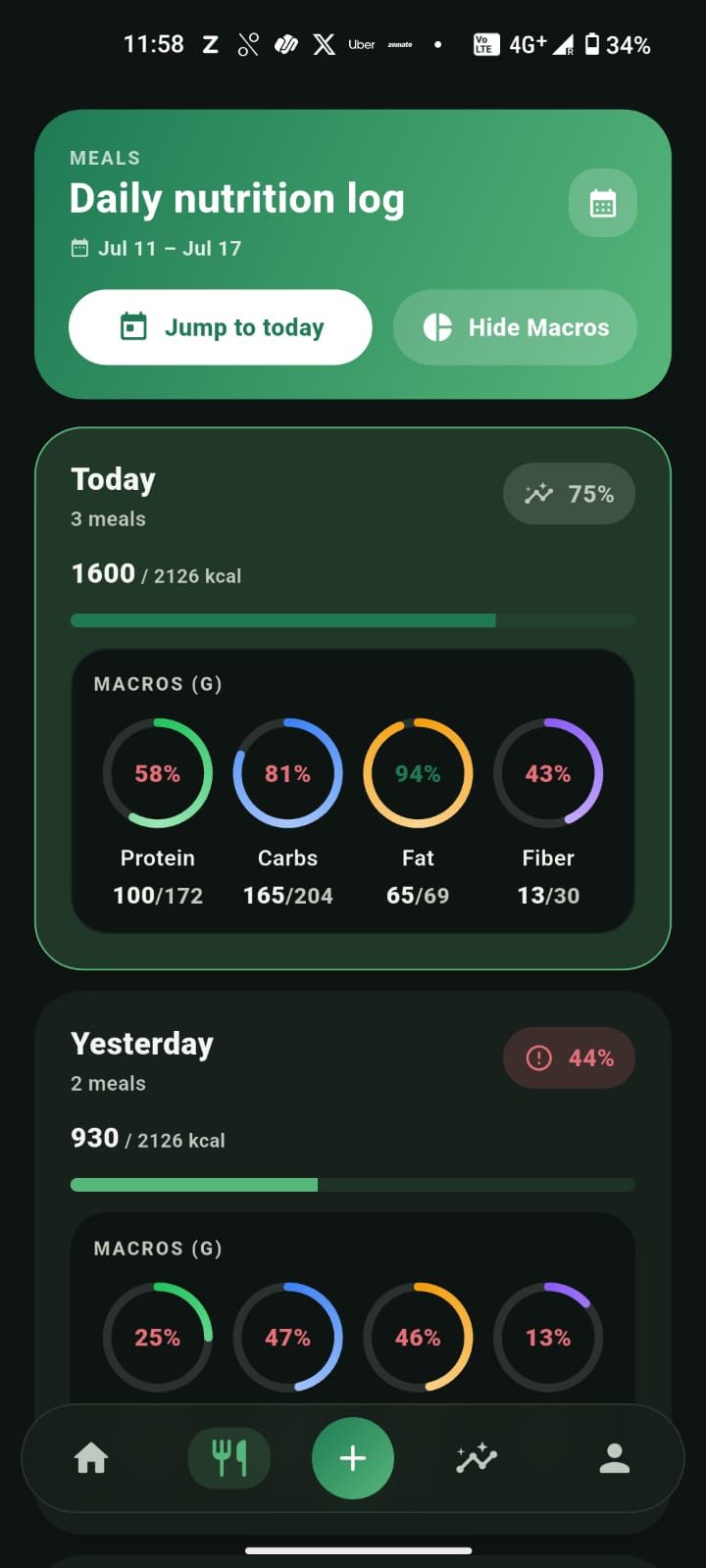 Daily nutrition log with the per-day macro breakdown shown