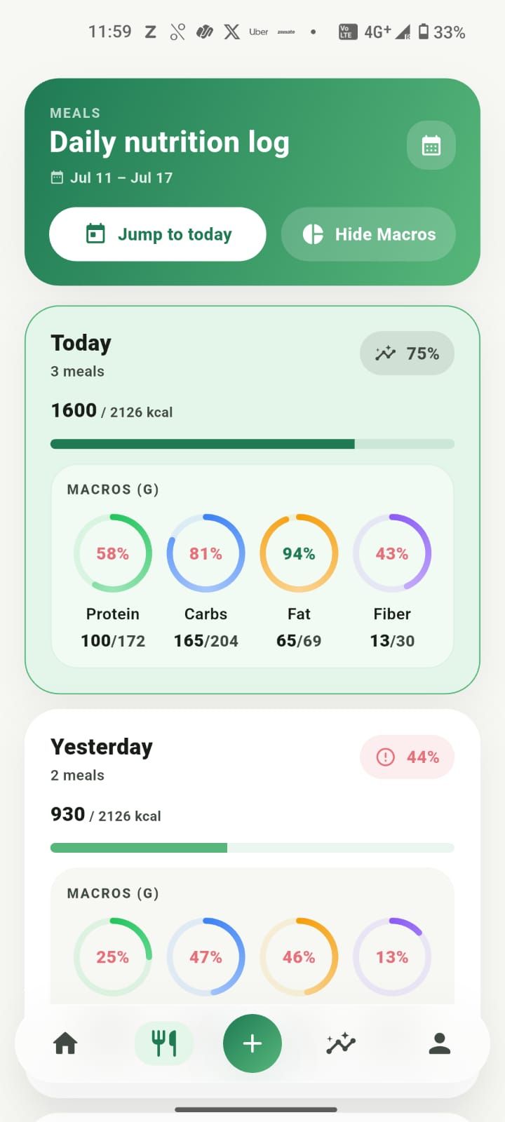 Daily nutrition log with the per-day macro breakdown shown