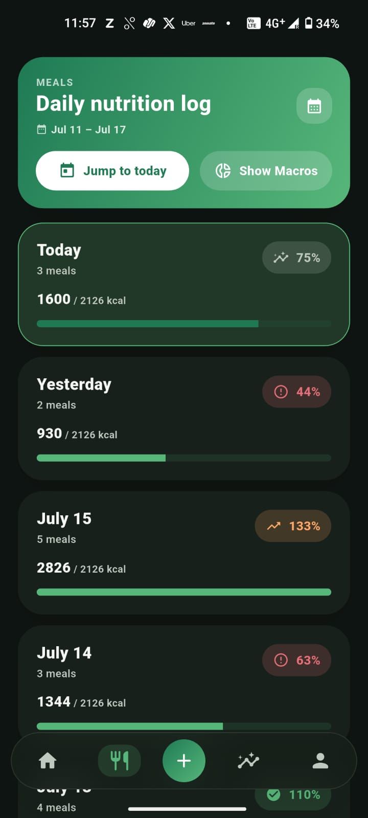 Zaalios meal logging screen turning plain-language text into calories and macros
