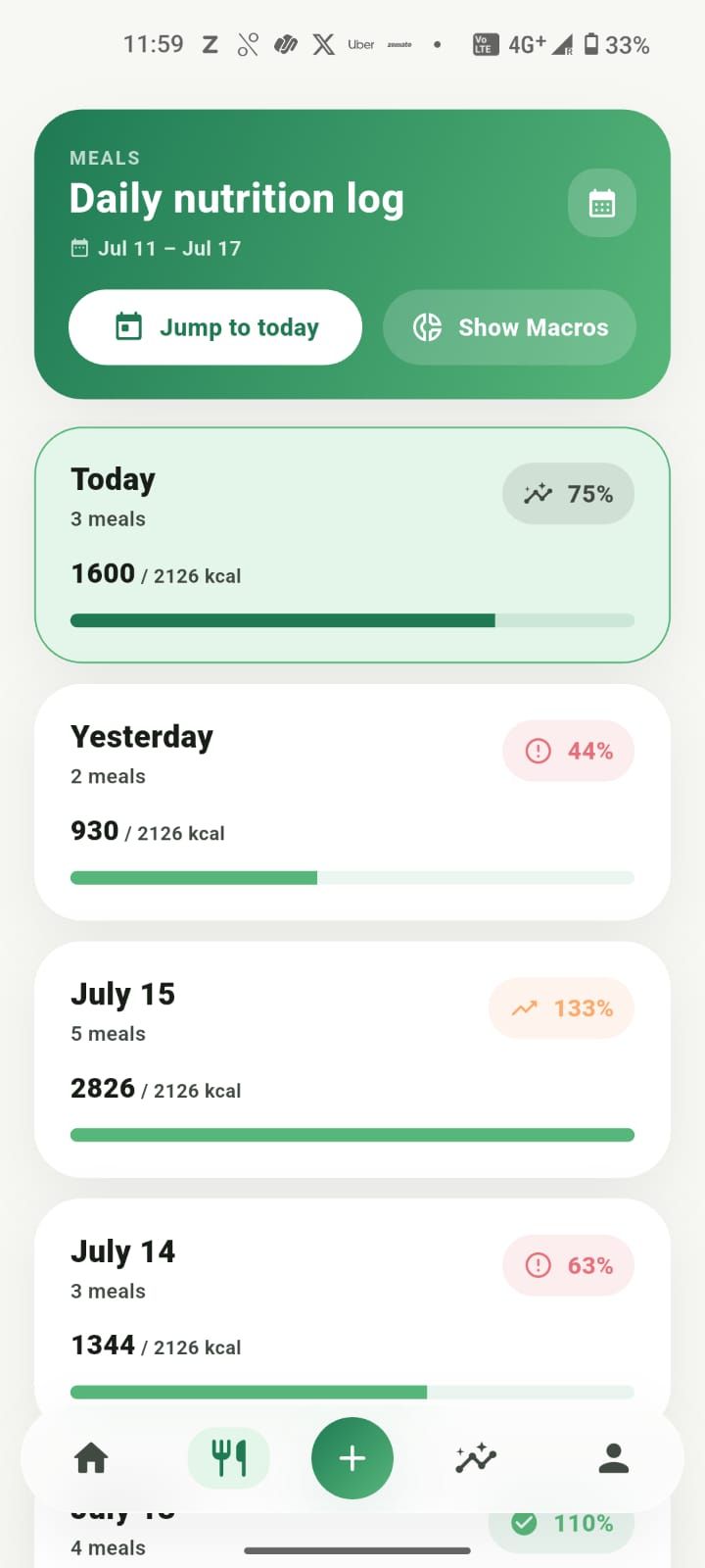 Zaalios meal logging screen turning plain-language text into calories and macros