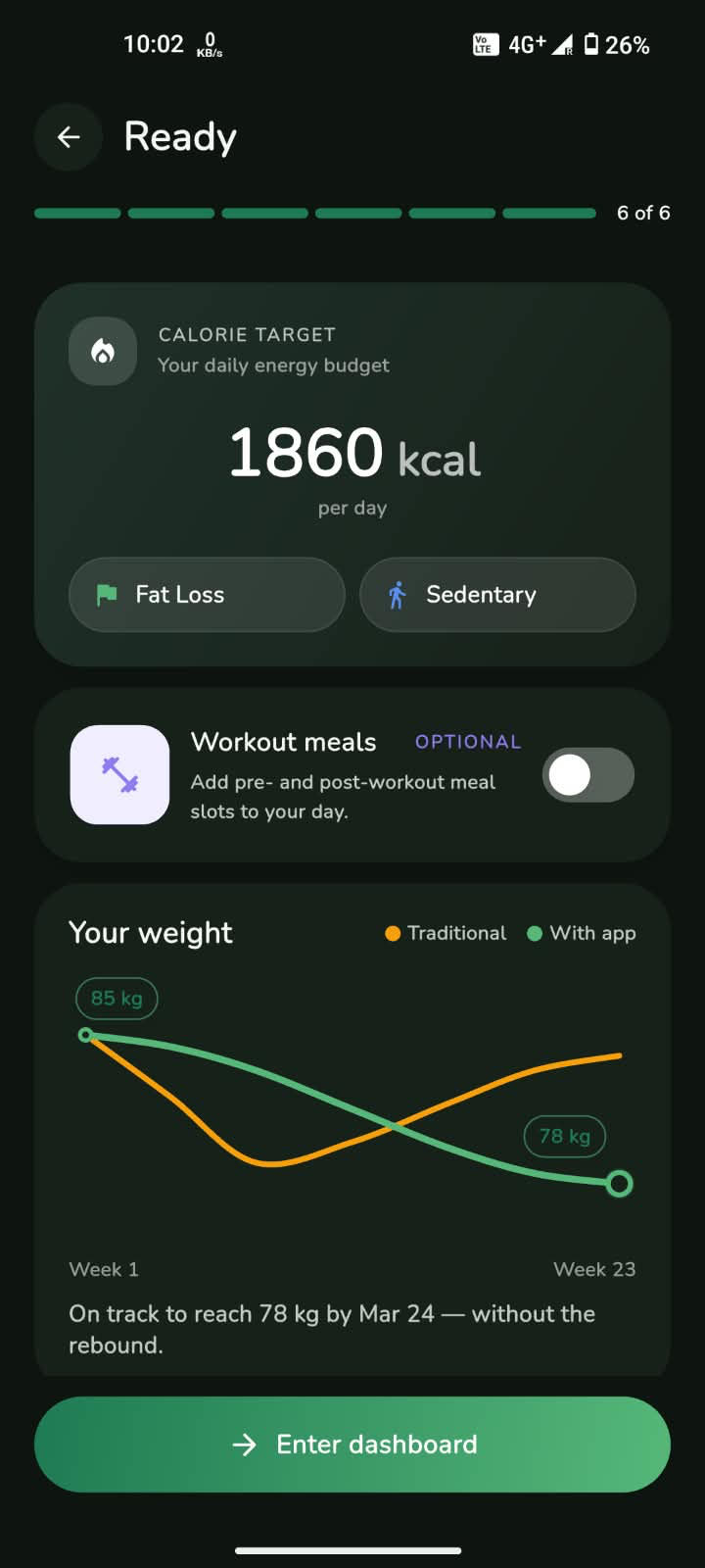Your daily calorie target and weight plan, ready to enter the dashboard