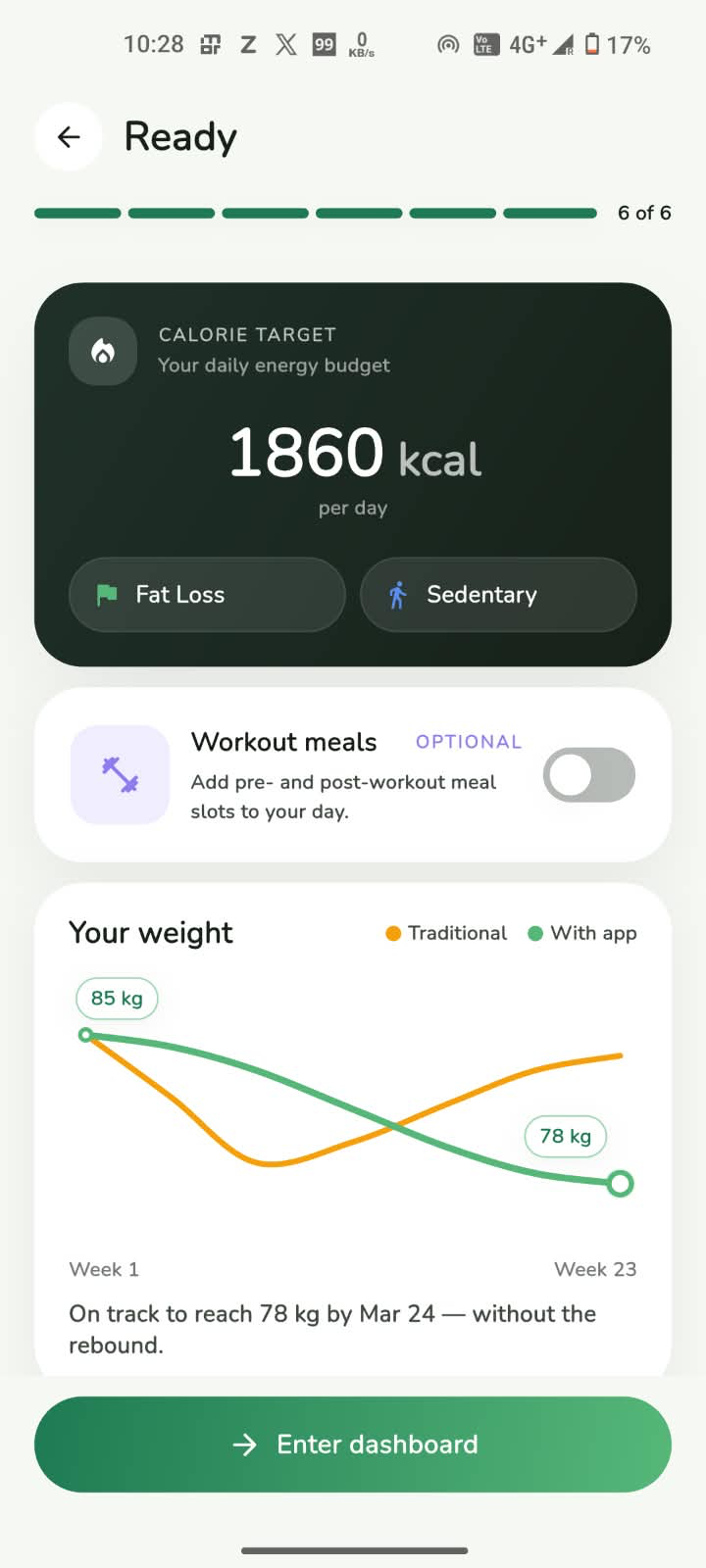 Your daily calorie target and weight plan, ready to enter the dashboard
