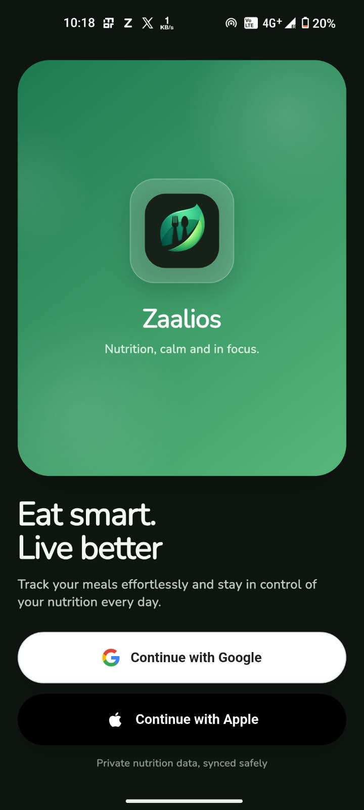 Zaalios welcome screen with Google and Apple sign-in
