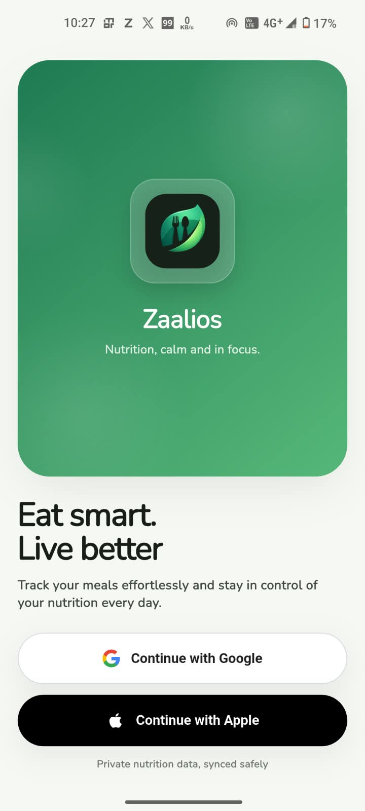 Zaalios welcome screen with Google and Apple sign-in