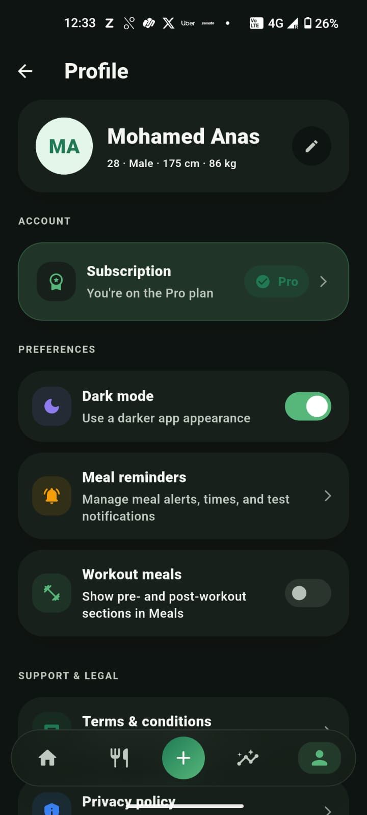 Profile overview with goals and stats