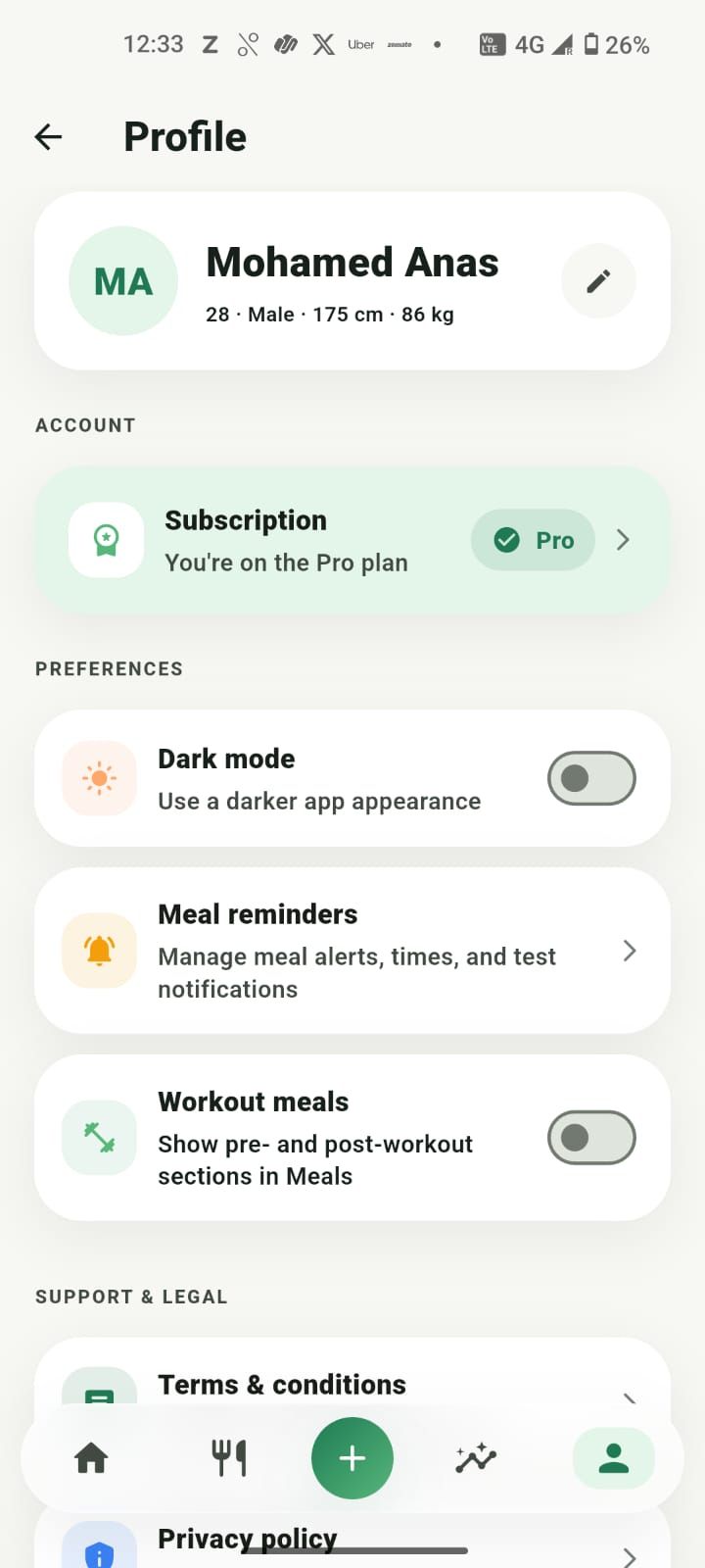 Profile overview with goals and stats