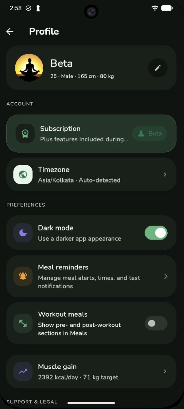 Profile with the Beta subscription, dark mode, meal reminders, and workout meals settings