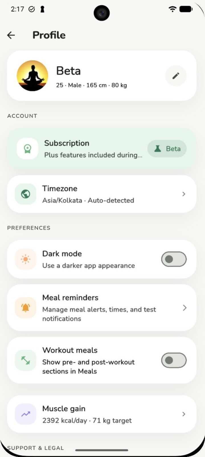 Profile with the Beta subscription, dark mode, meal reminders, and workout meals settings