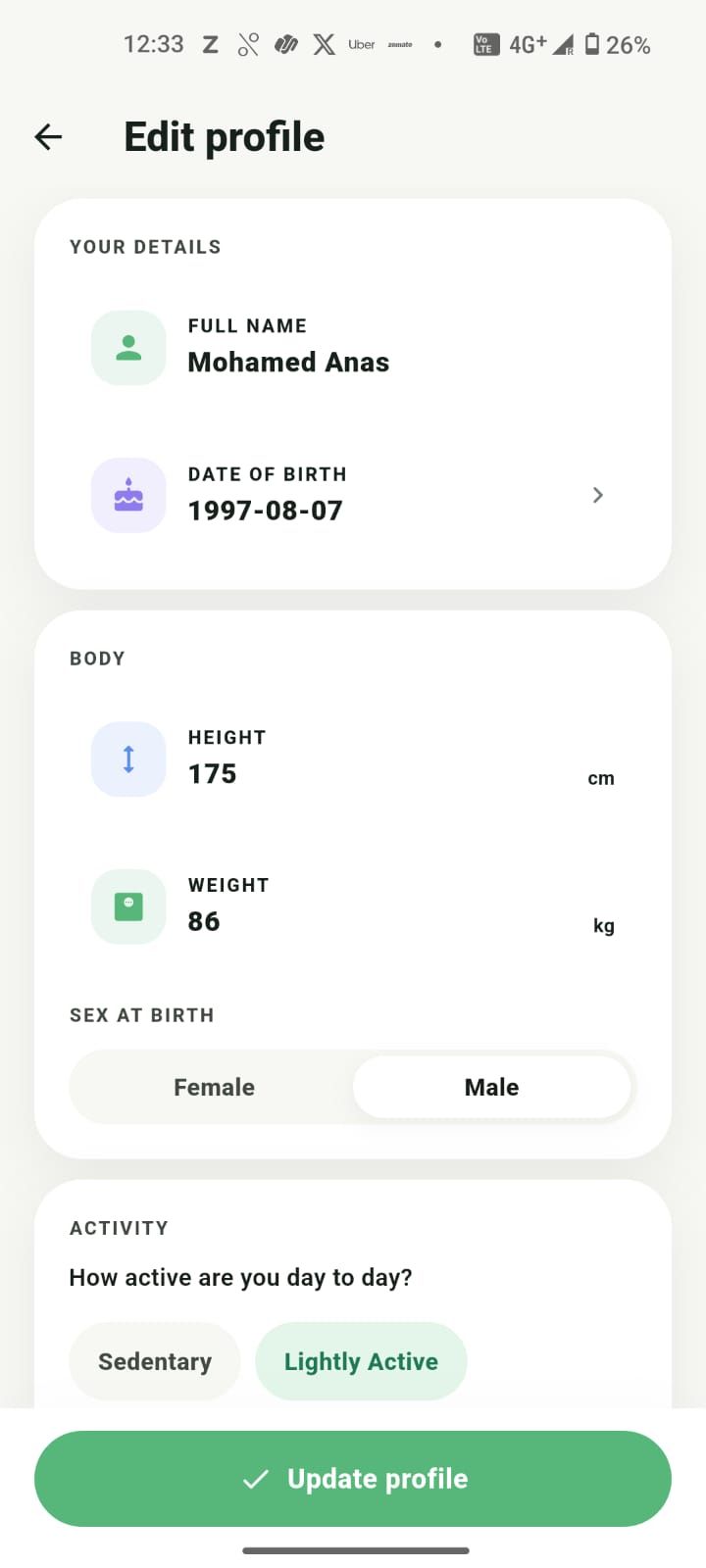 Editing your name, date of birth, and body basics