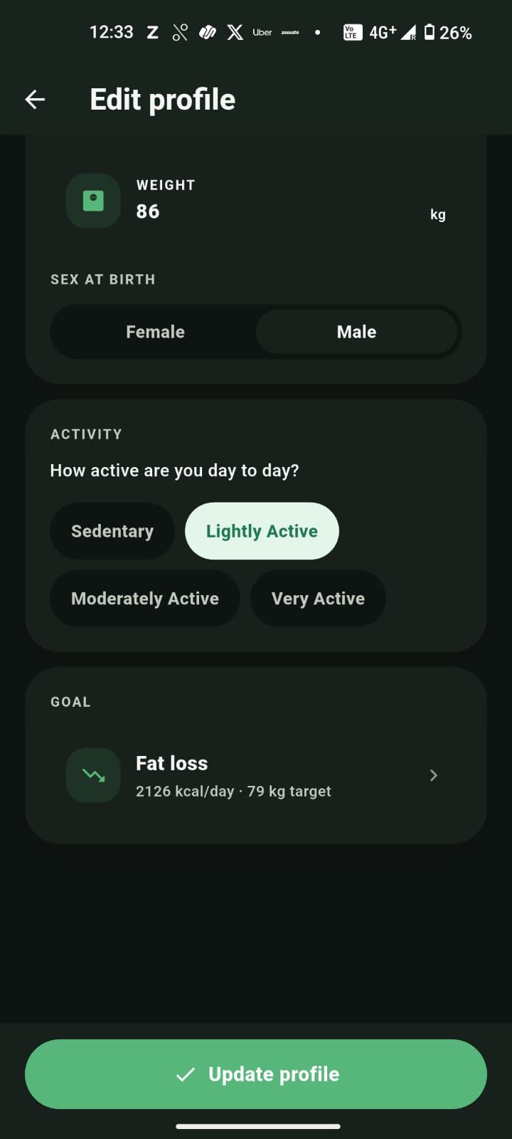 Setting your activity level and goal target