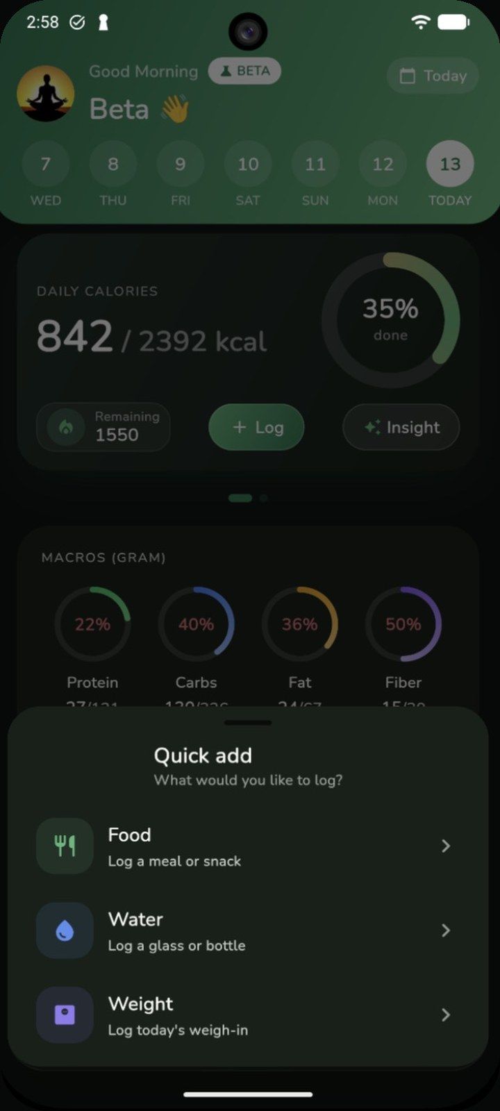 Quick add sheet with Food, Water, and Weight options