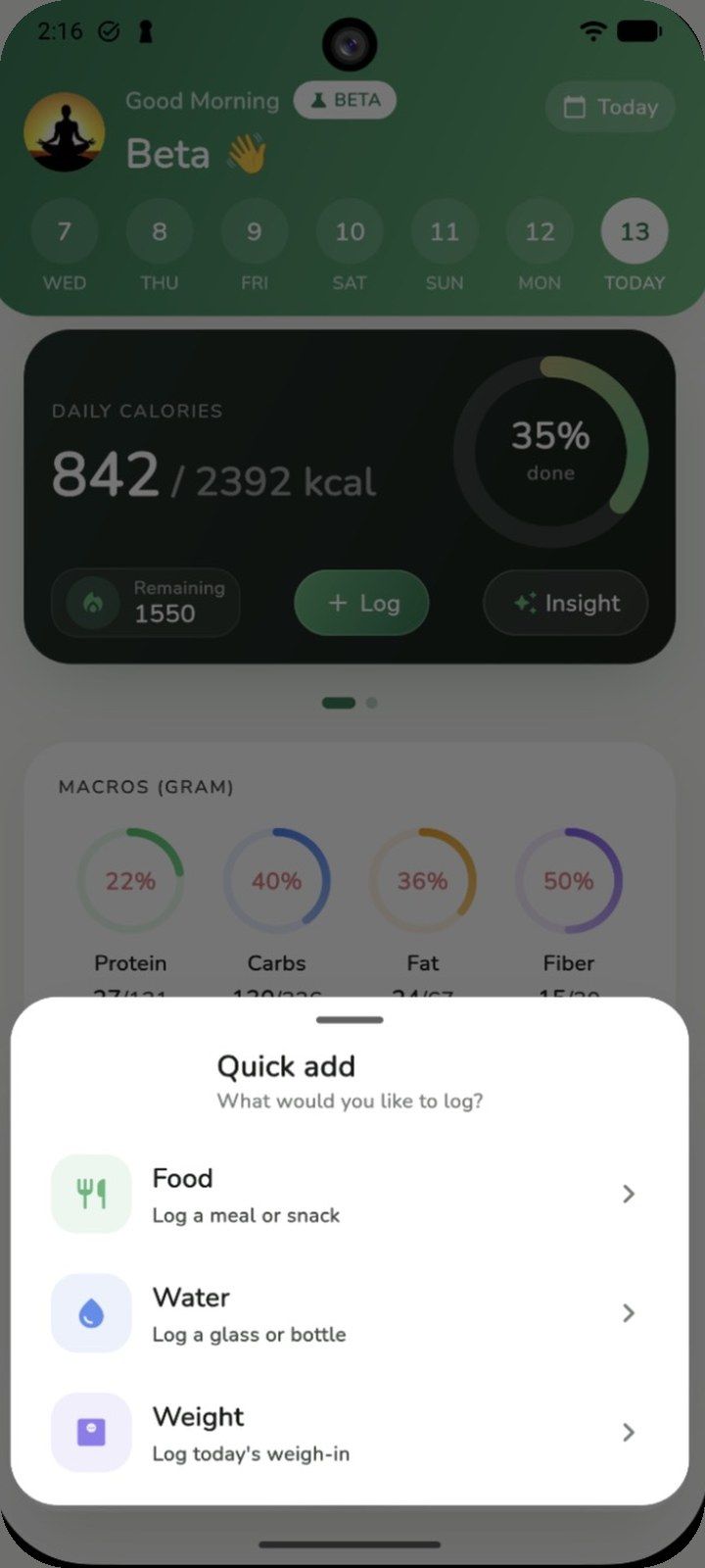 Quick add sheet with Food, Water, and Weight options