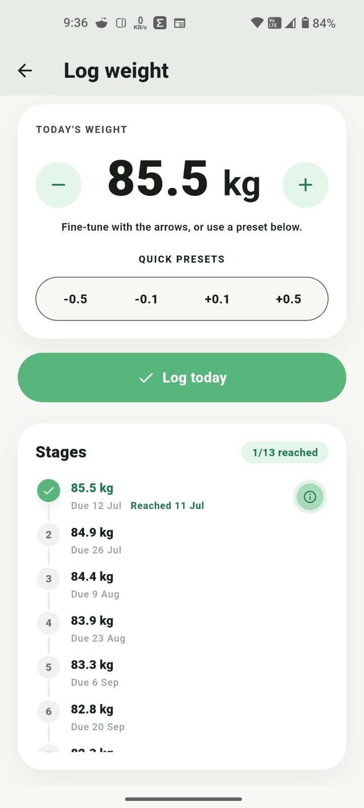 Adaptive calorie checkpoints in the Zaalios app