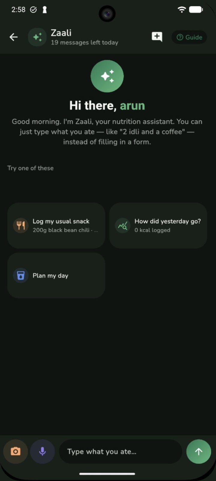 Zaali chat with suggestions to log a usual snack, review yesterday, or plan the day