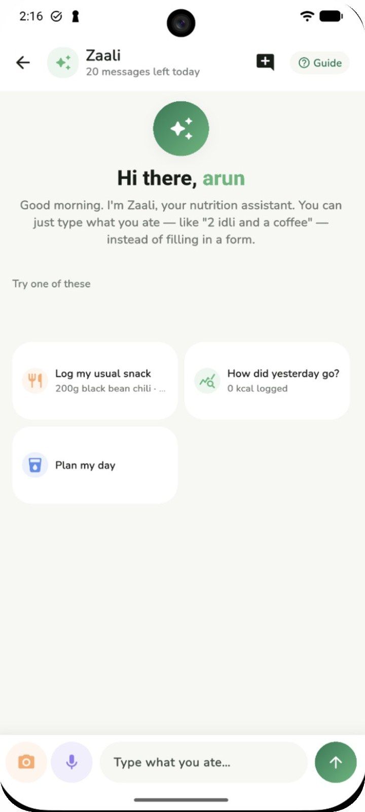 Zaali chat with suggestions to log a usual snack, review yesterday, or plan the day
